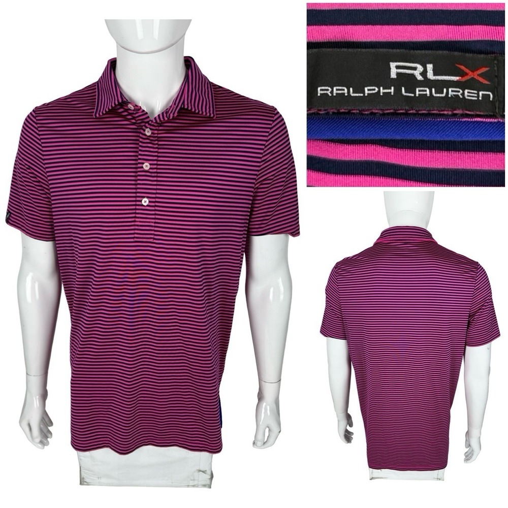RLX Ralph Lauren Mens Medium Polo Shirt Pink Blue Striped Casual Golf EUC